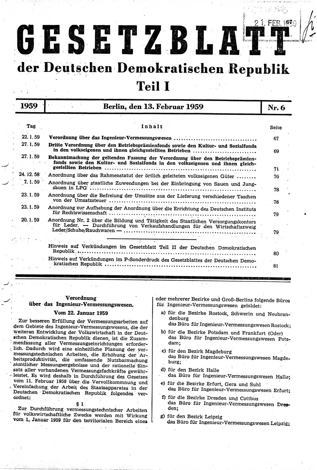 Gesetzblatt (GBl.) der Deutschen Demokratischen Republik (DDR) Teil Ⅰ 1959, Seite 67 (GBl. DDR Ⅰ 1959, S. 67)