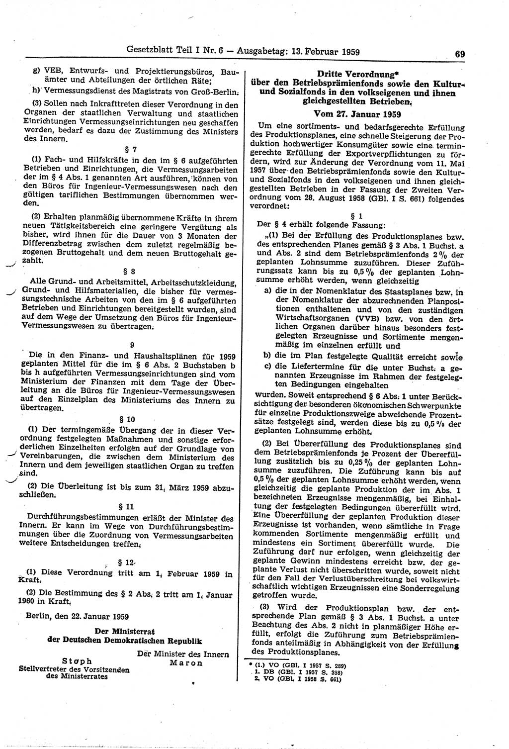 Gesetzblatt (GBl.) der Deutschen Demokratischen Republik (DDR) Teil Ⅰ 1959, Seite 69 (GBl. DDR Ⅰ 1959, S. 69)