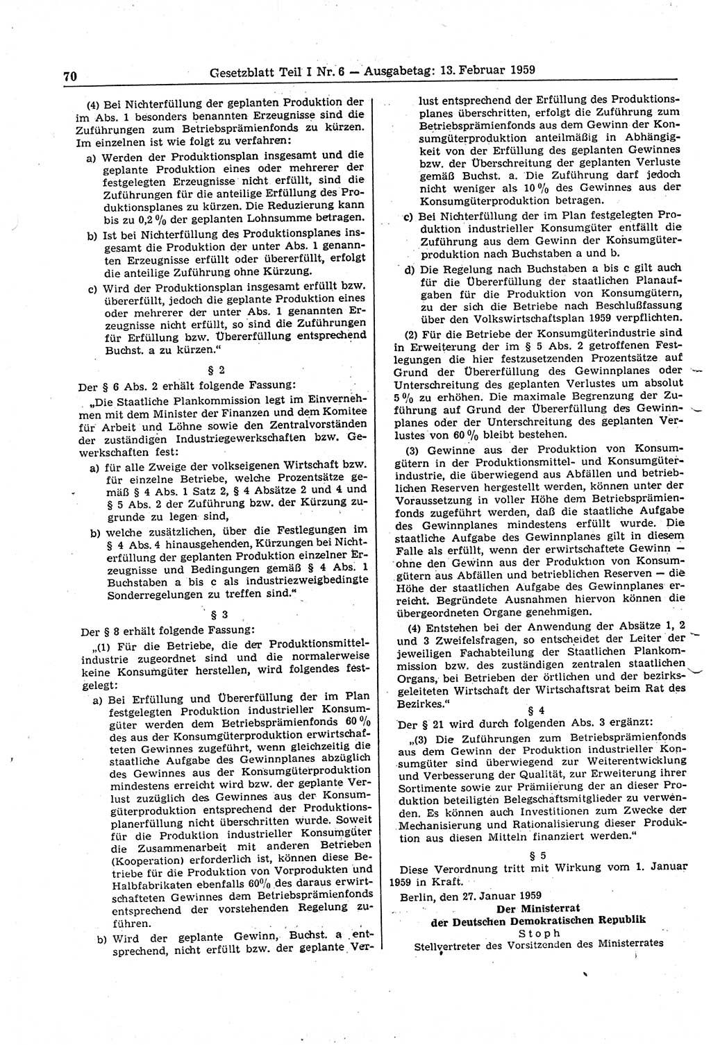 Gesetzblatt (GBl.) der Deutschen Demokratischen Republik (DDR) Teil Ⅰ 1959, Seite 70 (GBl. DDR Ⅰ 1959, S. 70)