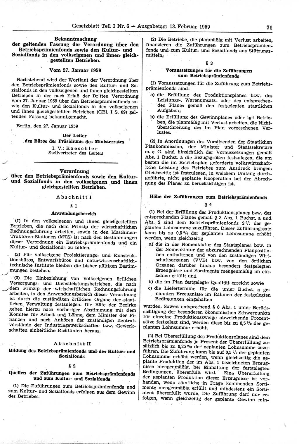 Gesetzblatt (GBl.) der Deutschen Demokratischen Republik (DDR) Teil Ⅰ 1959, Seite 71 (GBl. DDR Ⅰ 1959, S. 71)