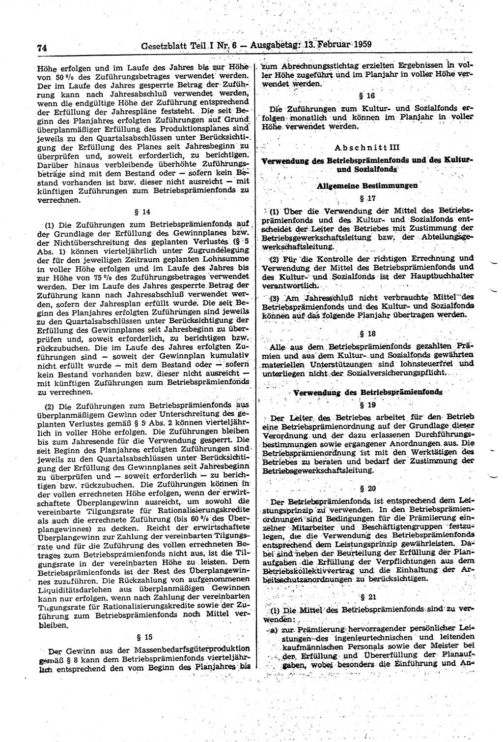 Gesetzblatt (GBl.) der Deutschen Demokratischen Republik (DDR) Teil Ⅰ 1959, Seite 74 (GBl. DDR Ⅰ 1959, S. 74)
