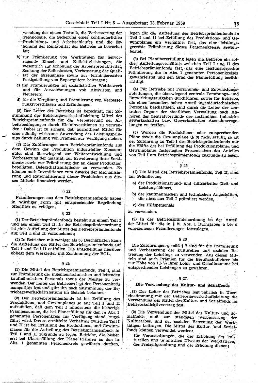 Gesetzblatt (GBl.) der Deutschen Demokratischen Republik (DDR) Teil Ⅰ 1959, Seite 75 (GBl. DDR Ⅰ 1959, S. 75)