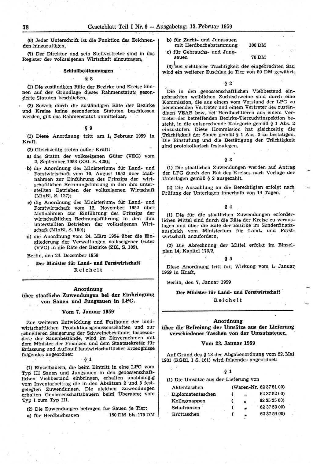 Gesetzblatt (GBl.) der Deutschen Demokratischen Republik (DDR) Teil Ⅰ 1959, Seite 78 (GBl. DDR Ⅰ 1959, S. 78)