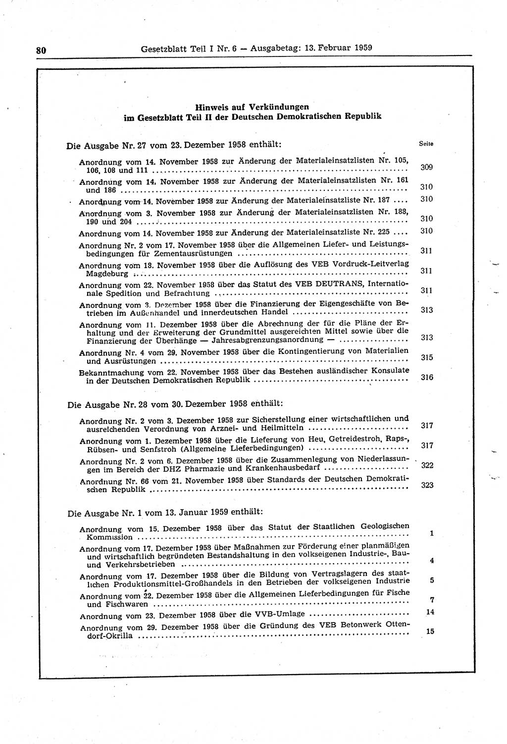 Gesetzblatt (GBl.) der Deutschen Demokratischen Republik (DDR) Teil Ⅰ 1959, Seite 80 (GBl. DDR Ⅰ 1959, S. 80)