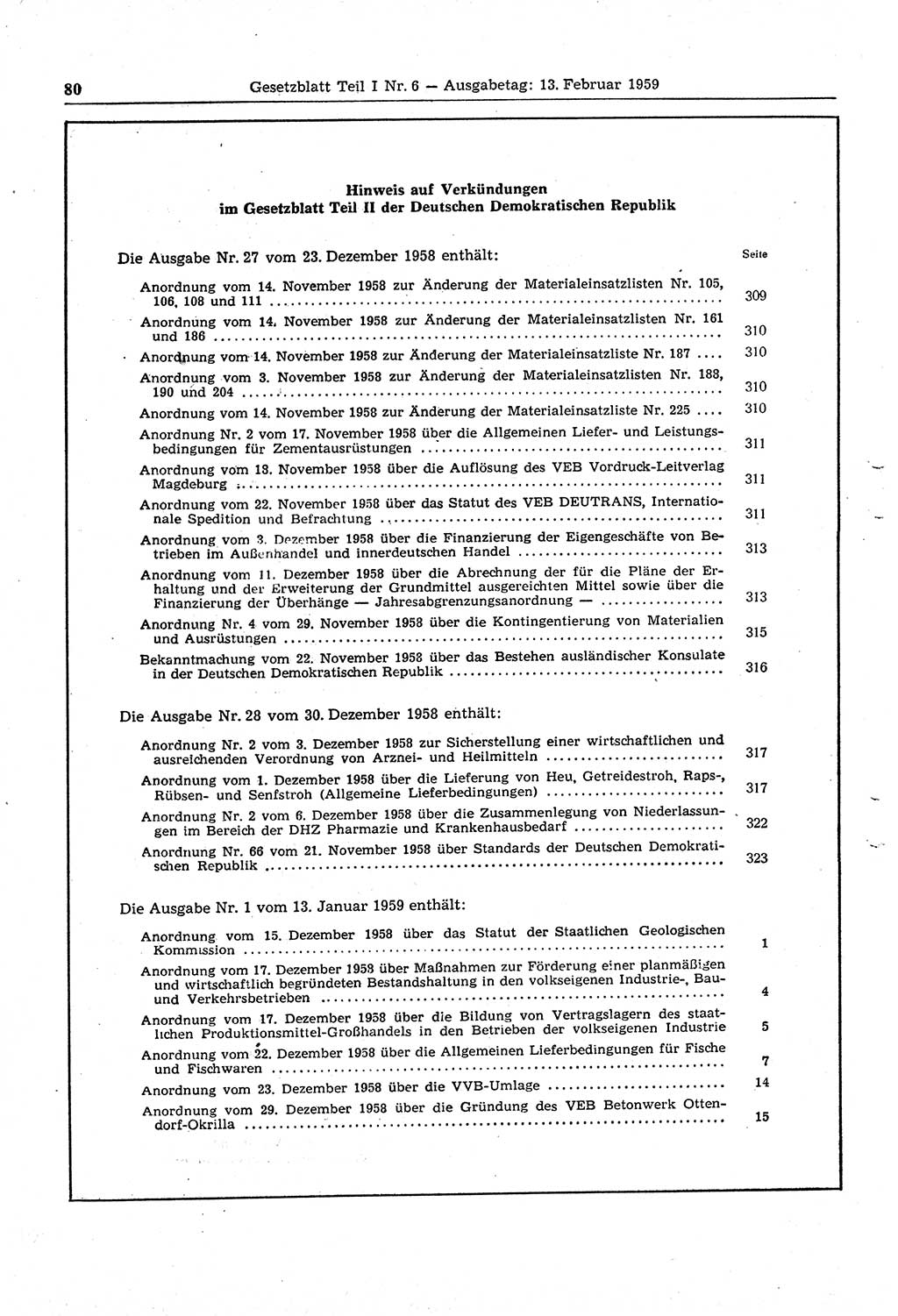 Gesetzblatt (GBl.) der Deutschen Demokratischen Republik (DDR) Teil Ⅰ 1959, Seite 80 (GBl. DDR Ⅰ 1959, S. 80)