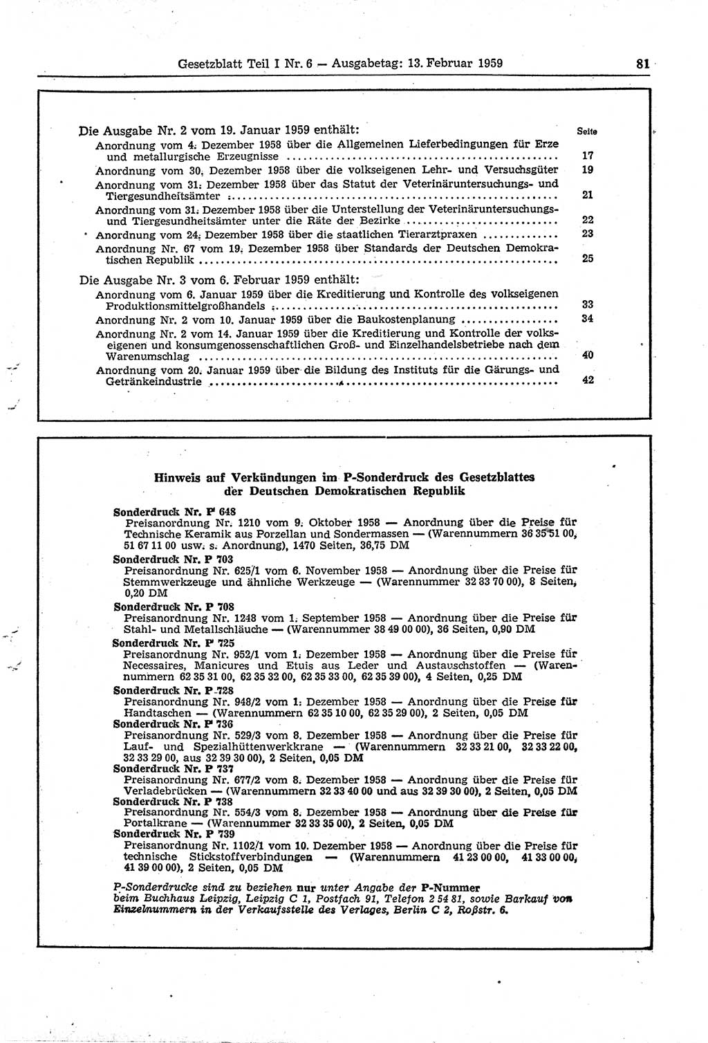 Gesetzblatt (GBl.) der Deutschen Demokratischen Republik (DDR) Teil Ⅰ 1959, Seite 81 (GBl. DDR Ⅰ 1959, S. 81)
