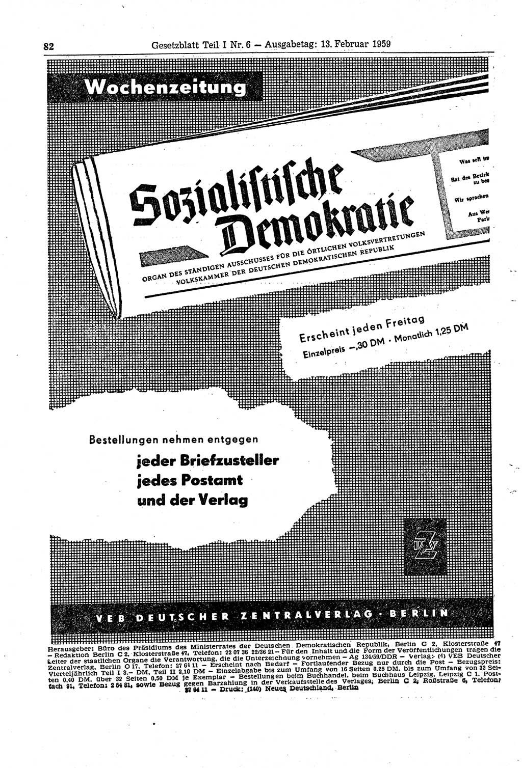 Gesetzblatt (GBl.) der Deutschen Demokratischen Republik (DDR) Teil Ⅰ 1959, Seite 82 (GBl. DDR Ⅰ 1959, S. 82)