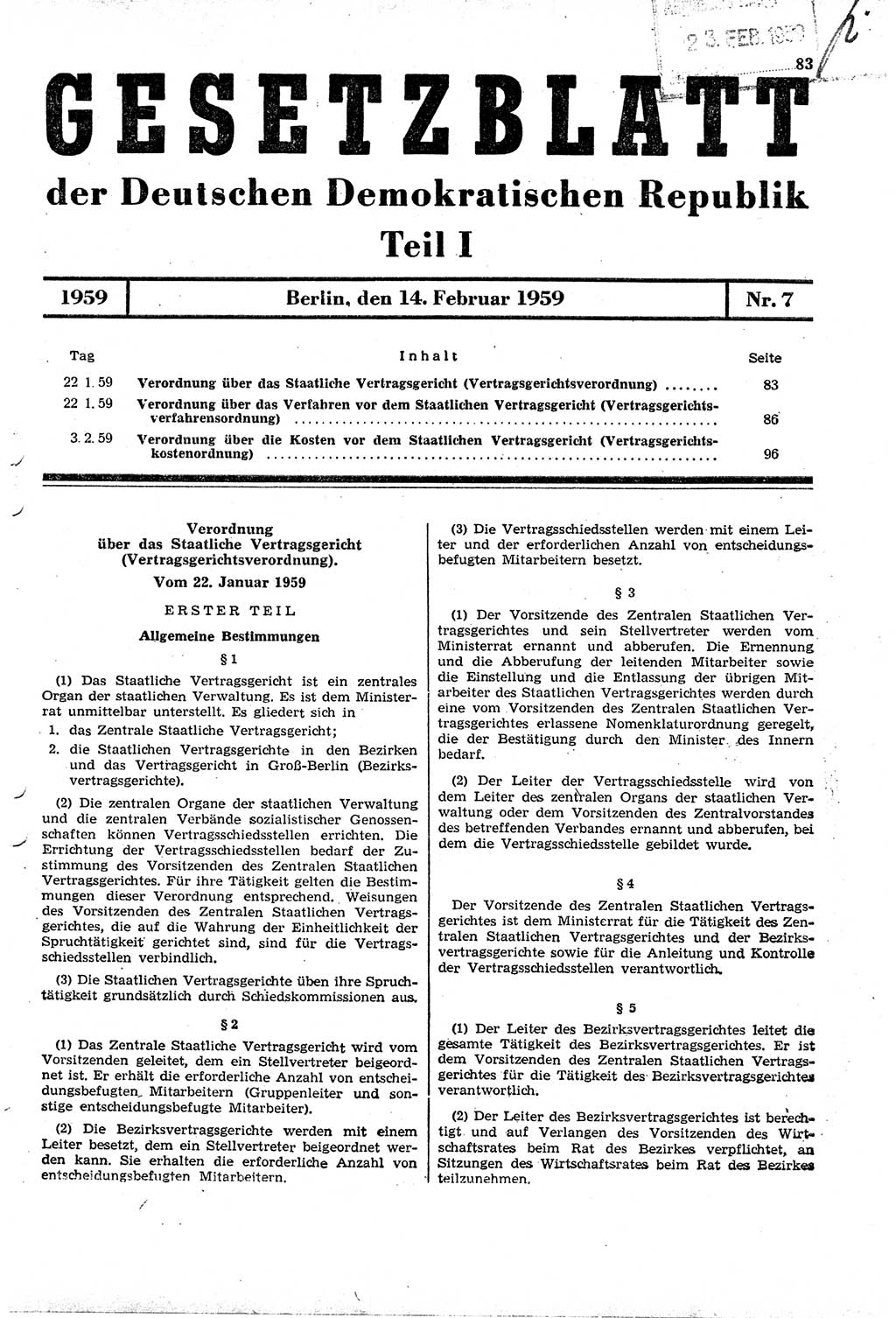 Gesetzblatt (GBl.) der Deutschen Demokratischen Republik (DDR) Teil Ⅰ 1959, Seite 83 (GBl. DDR Ⅰ 1959, S. 83)