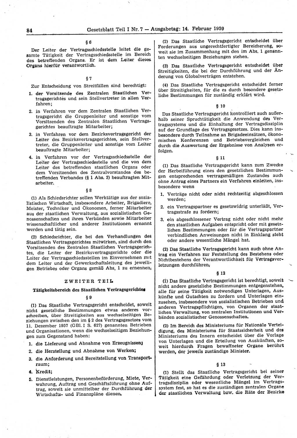 Gesetzblatt (GBl.) der Deutschen Demokratischen Republik (DDR) Teil Ⅰ 1959, Seite 84 (GBl. DDR Ⅰ 1959, S. 84)