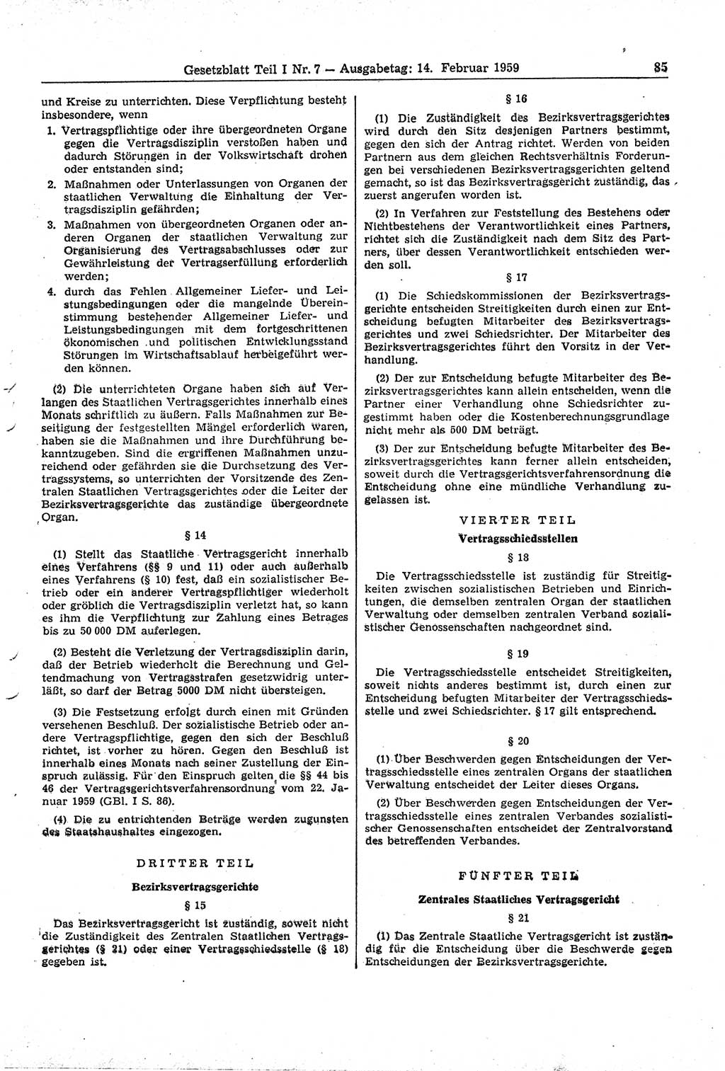 Gesetzblatt (GBl.) der Deutschen Demokratischen Republik (DDR) Teil Ⅰ 1959, Seite 85 (GBl. DDR Ⅰ 1959, S. 85)