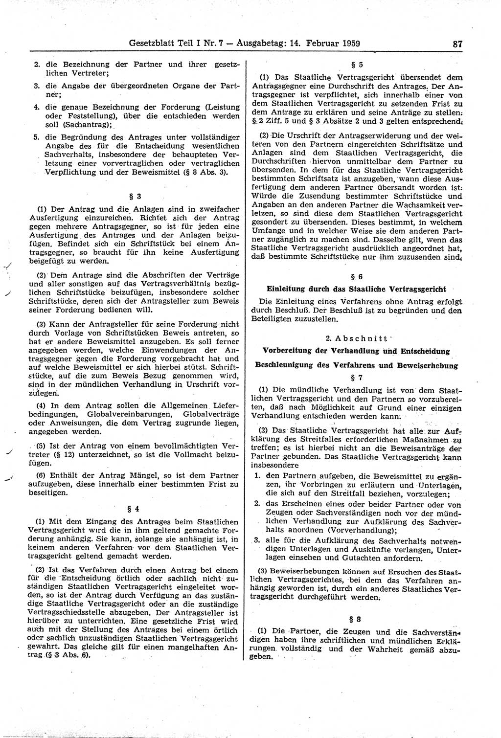 Gesetzblatt (GBl.) der Deutschen Demokratischen Republik (DDR) Teil Ⅰ 1959, Seite 87 (GBl. DDR Ⅰ 1959, S. 87)