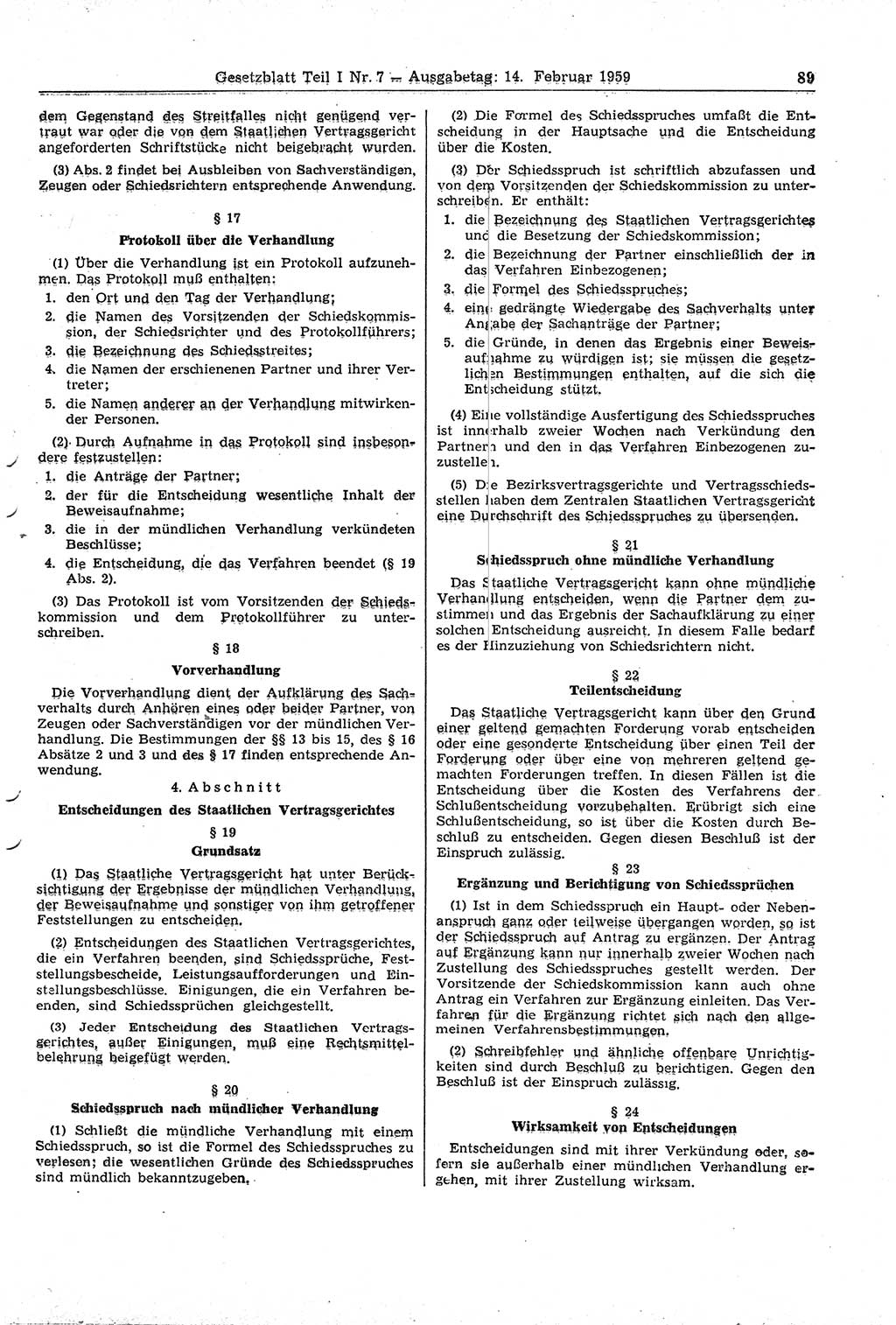 Gesetzblatt (GBl.) der Deutschen Demokratischen Republik (DDR) Teil Ⅰ 1959, Seite 89 (GBl. DDR Ⅰ 1959, S. 89)