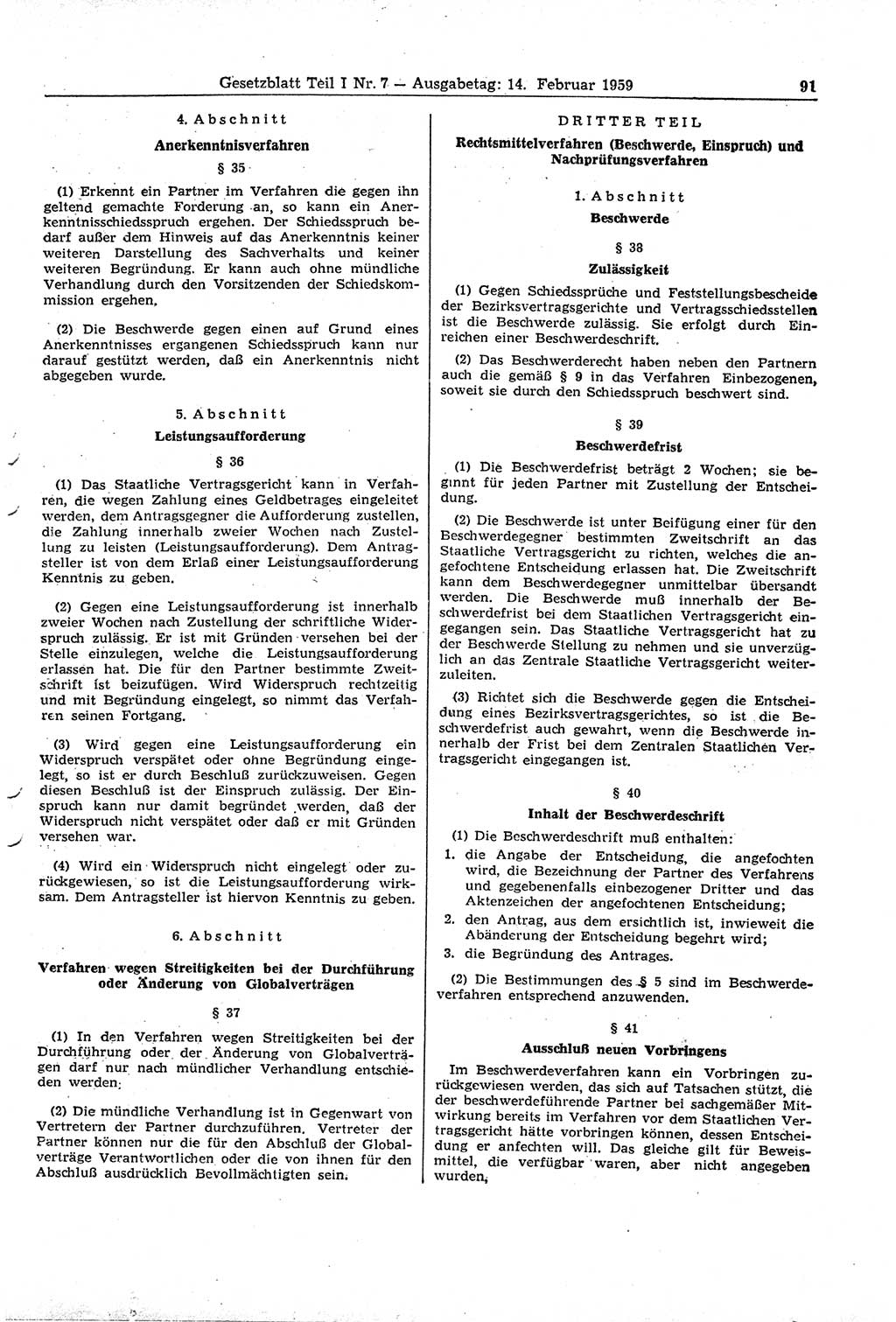 Gesetzblatt (GBl.) der Deutschen Demokratischen Republik (DDR) Teil Ⅰ 1959, Seite 91 (GBl. DDR Ⅰ 1959, S. 91)