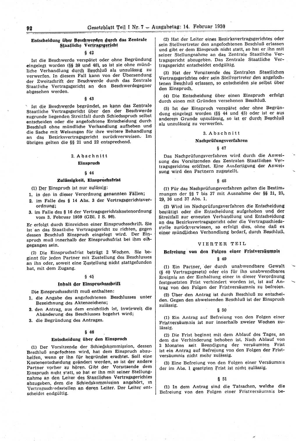 Gesetzblatt (GBl.) der Deutschen Demokratischen Republik (DDR) Teil Ⅰ 1959, Seite 92 (GBl. DDR Ⅰ 1959, S. 92)
