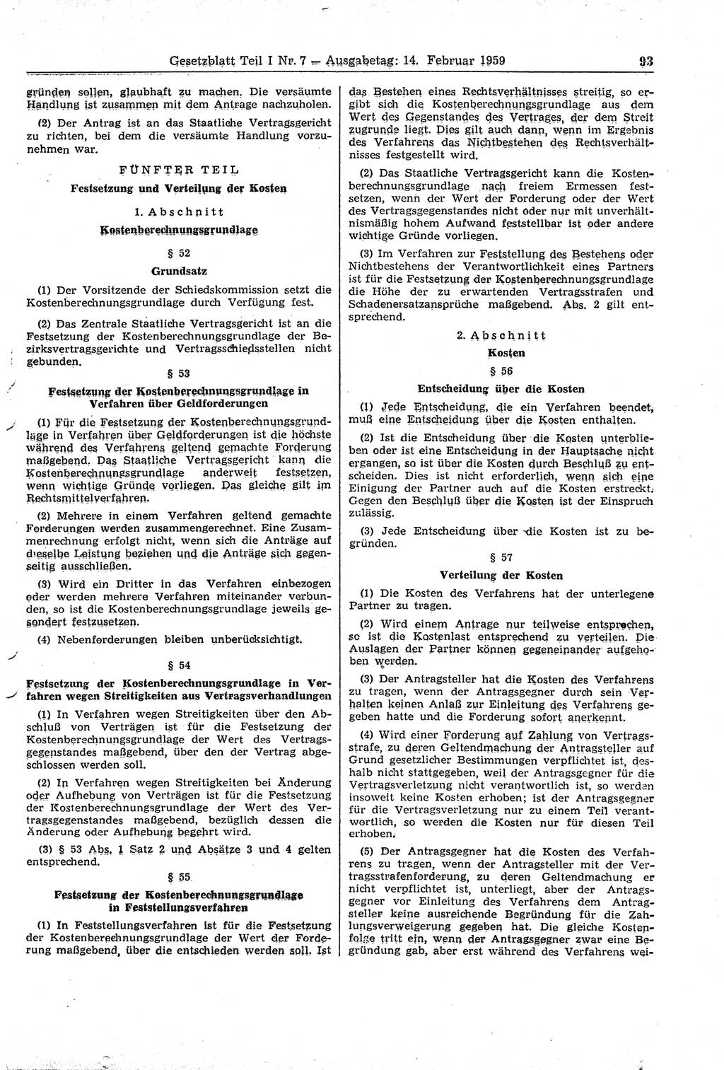 Gesetzblatt (GBl.) der Deutschen Demokratischen Republik (DDR) Teil Ⅰ 1959, Seite 93 (GBl. DDR Ⅰ 1959, S. 93)