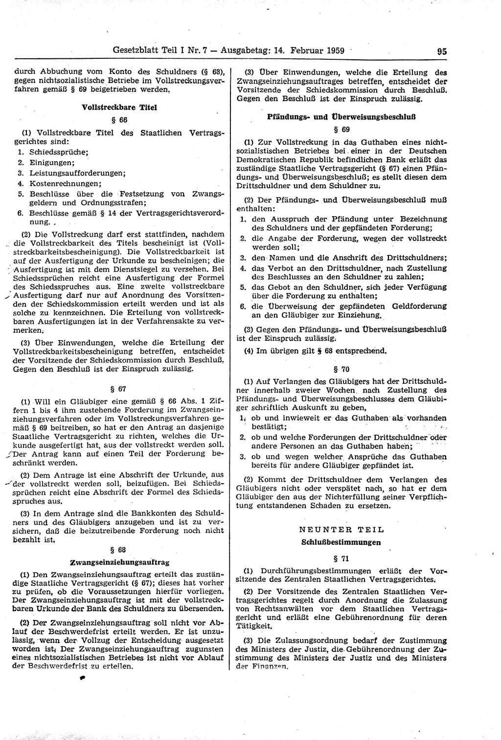 Gesetzblatt (GBl.) der Deutschen Demokratischen Republik (DDR) Teil Ⅰ 1959, Seite 95 (GBl. DDR Ⅰ 1959, S. 95)