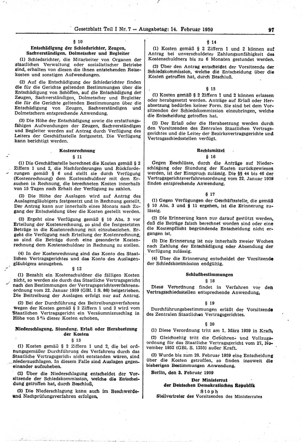 Gesetzblatt (GBl.) der Deutschen Demokratischen Republik (DDR) Teil Ⅰ 1959, Seite 97 (GBl. DDR Ⅰ 1959, S. 97)