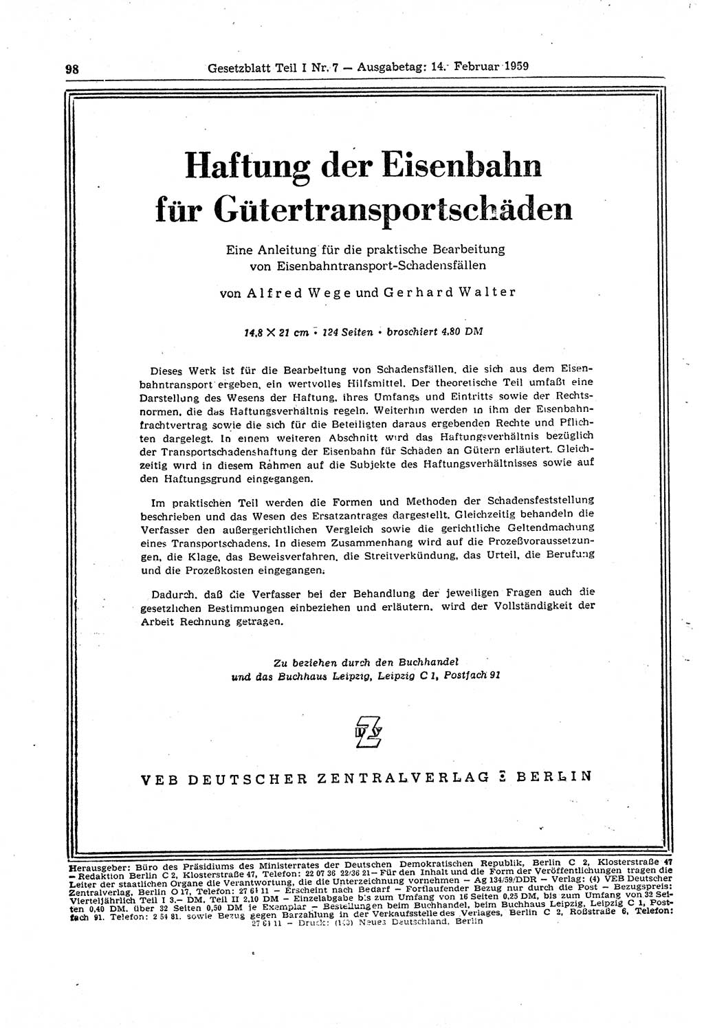 Gesetzblatt (GBl.) der Deutschen Demokratischen Republik (DDR) Teil Ⅰ 1959, Seite 98 (GBl. DDR Ⅰ 1959, S. 98)