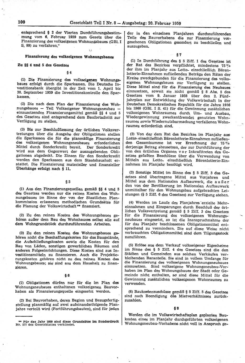 Gesetzblatt (GBl.) der Deutschen Demokratischen Republik (DDR) Teil Ⅰ 1959, Seite 100 (GBl. DDR Ⅰ 1959, S. 100)