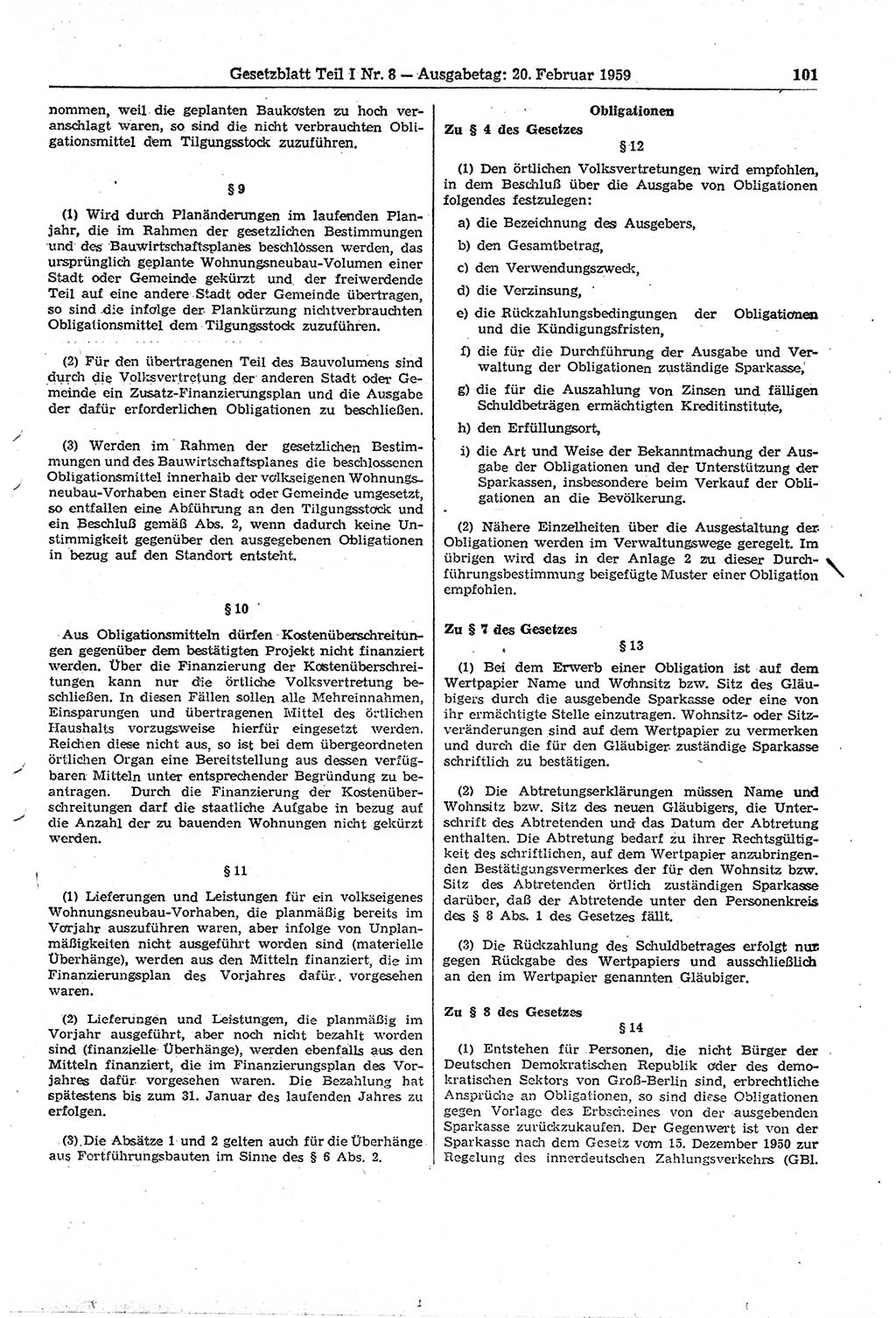 Gesetzblatt (GBl.) der Deutschen Demokratischen Republik (DDR) Teil Ⅰ 1959, Seite 101 (GBl. DDR Ⅰ 1959, S. 101)