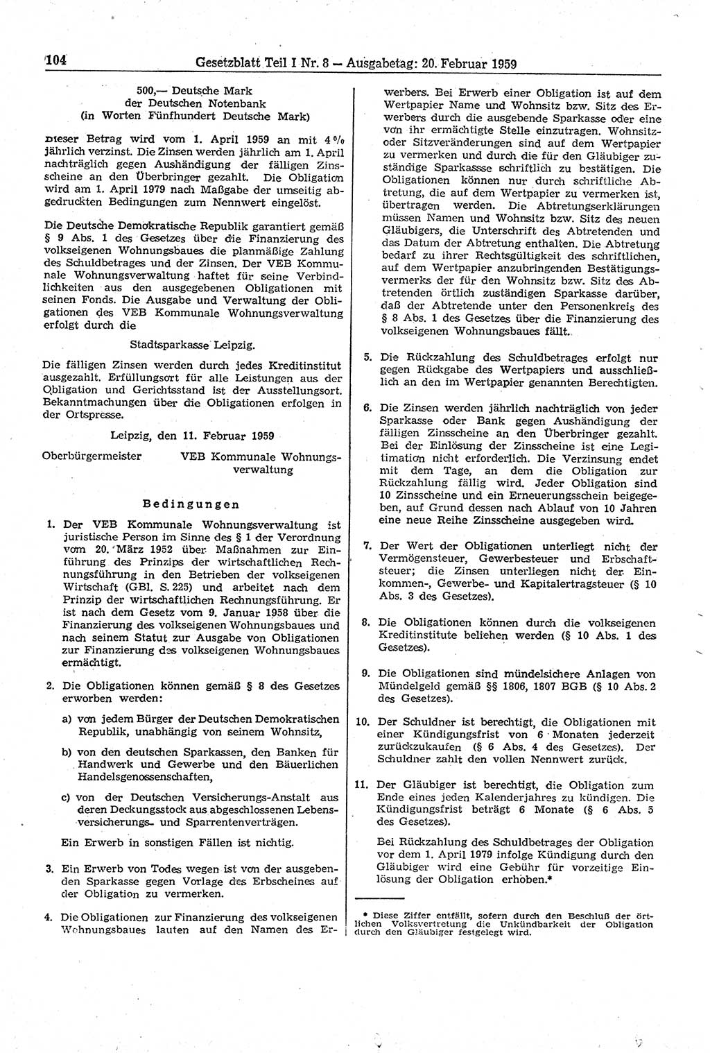 Gesetzblatt (GBl.) der Deutschen Demokratischen Republik (DDR) Teil Ⅰ 1959, Seite 104 (GBl. DDR Ⅰ 1959, S. 104)