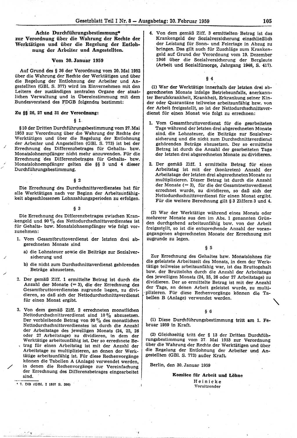 Gesetzblatt (GBl.) der Deutschen Demokratischen Republik (DDR) Teil Ⅰ 1959, Seite 105 (GBl. DDR Ⅰ 1959, S. 105)