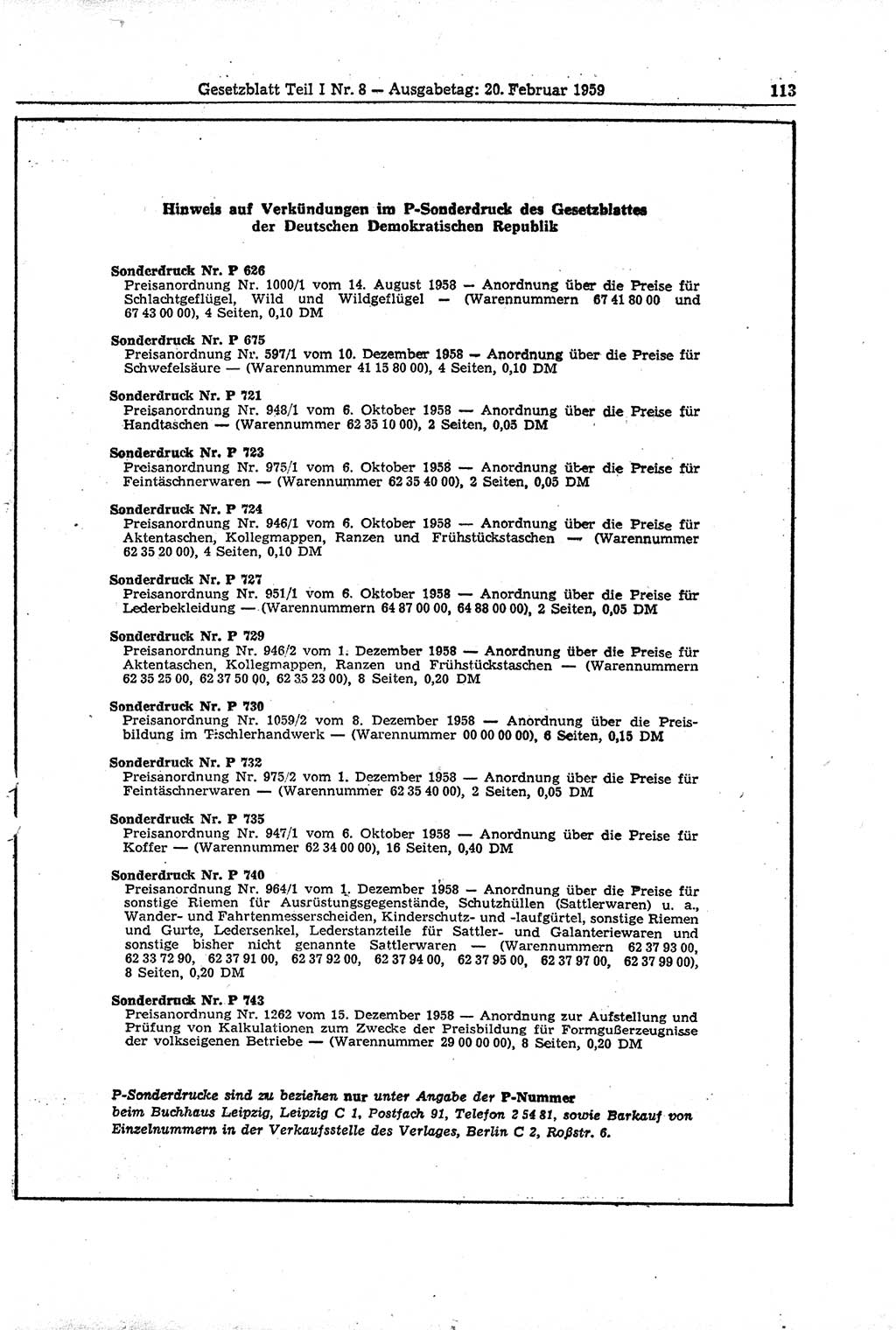Gesetzblatt (GBl.) der Deutschen Demokratischen Republik (DDR) Teil Ⅰ 1959, Seite 113 (GBl. DDR Ⅰ 1959, S. 113)