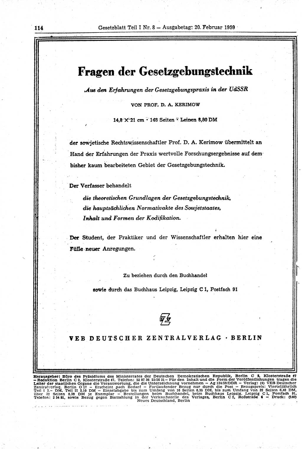 Gesetzblatt (GBl.) der Deutschen Demokratischen Republik (DDR) Teil Ⅰ 1959, Seite 114 (GBl. DDR Ⅰ 1959, S. 114)