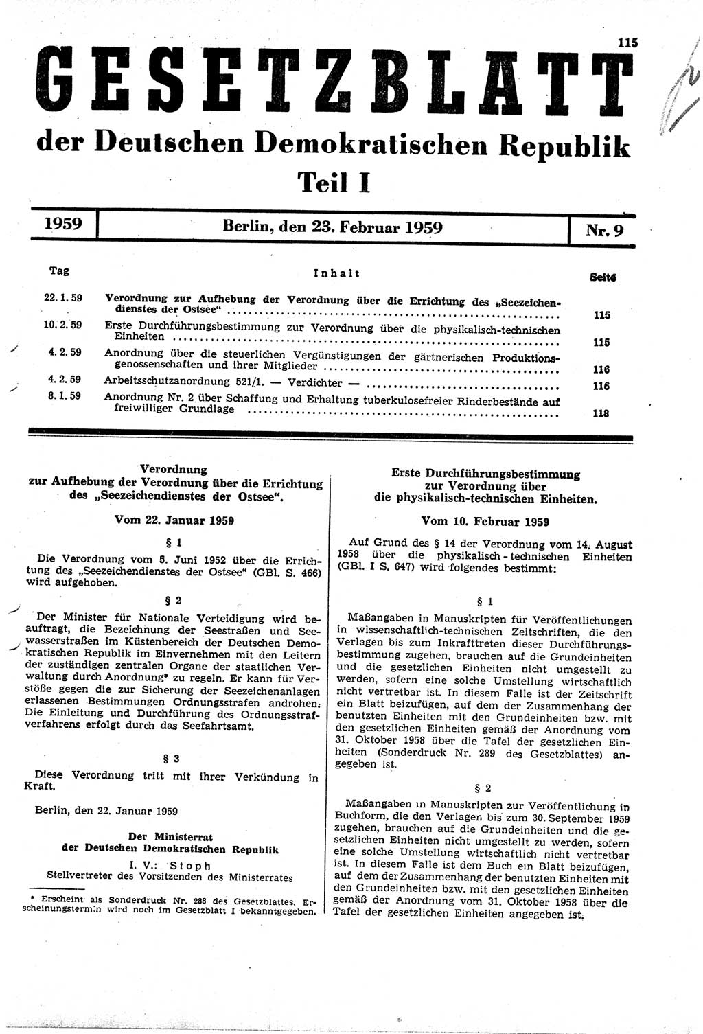 Gesetzblatt (GBl.) der Deutschen Demokratischen Republik (DDR) Teil Ⅰ 1959, Seite 115 (GBl. DDR Ⅰ 1959, S. 115)