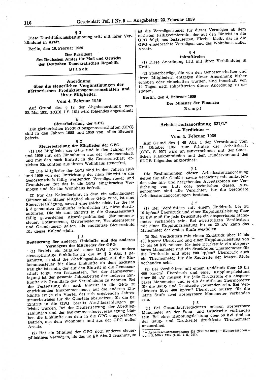 Gesetzblatt (GBl.) der Deutschen Demokratischen Republik (DDR) Teil Ⅰ 1959, Seite 116 (GBl. DDR Ⅰ 1959, S. 116)