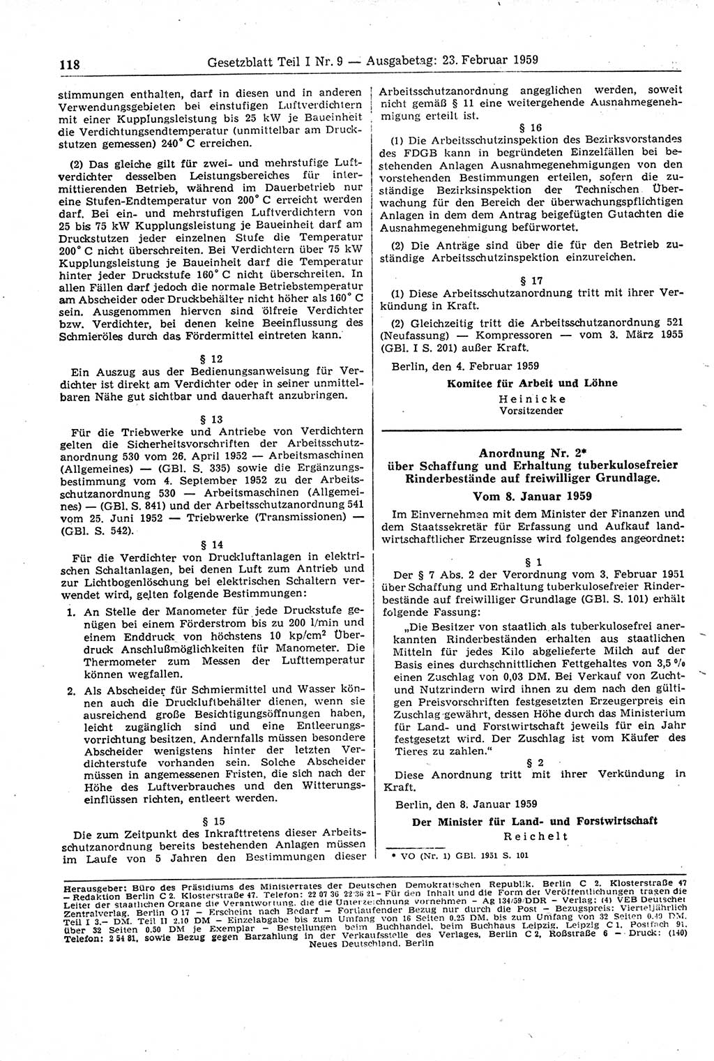 Gesetzblatt (GBl.) der Deutschen Demokratischen Republik (DDR) Teil Ⅰ 1959, Seite 118 (GBl. DDR Ⅰ 1959, S. 118)