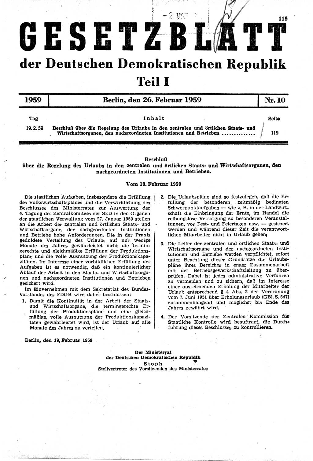 Gesetzblatt (GBl.) der Deutschen Demokratischen Republik (DDR) Teil Ⅰ 1959, Seite 119 (GBl. DDR Ⅰ 1959, S. 119)