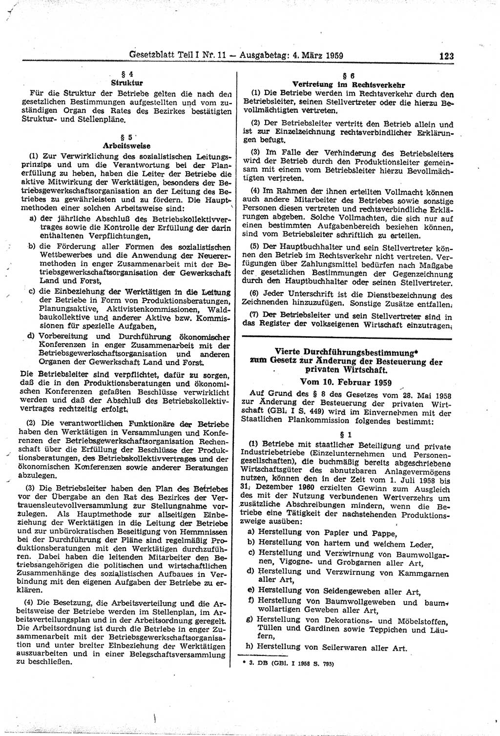Gesetzblatt (GBl.) der Deutschen Demokratischen Republik (DDR) Teil Ⅰ 1959, Seite 123 (GBl. DDR Ⅰ 1959, S. 123)