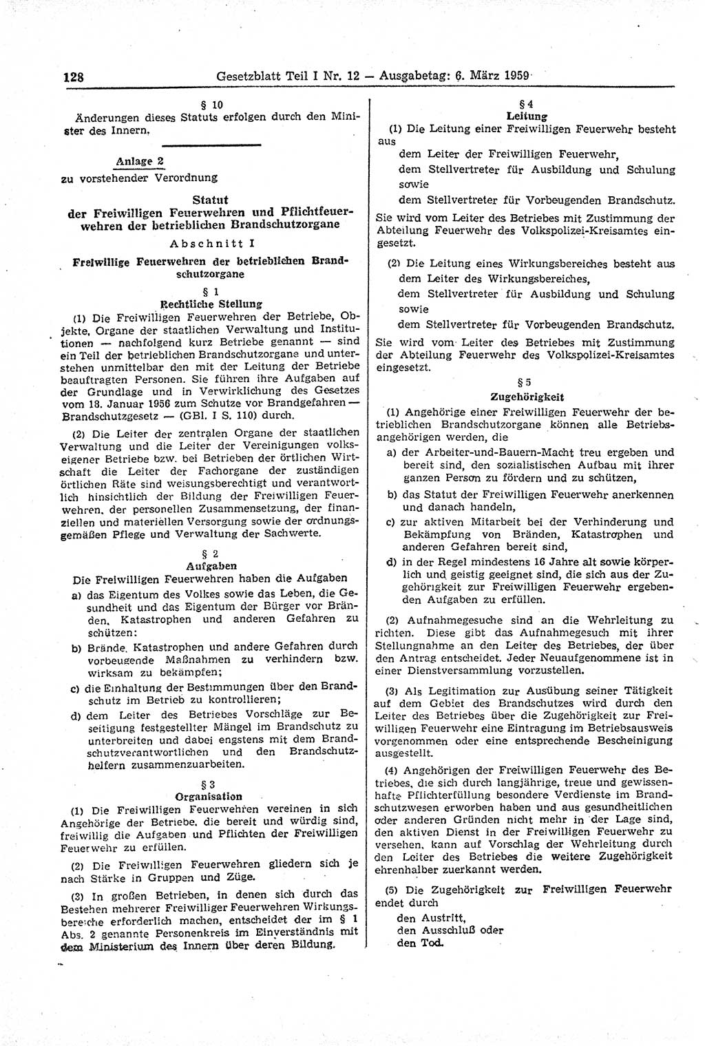 Gesetzblatt (GBl.) der Deutschen Demokratischen Republik (DDR) Teil Ⅰ 1959, Seite 128 (GBl. DDR Ⅰ 1959, S. 128)