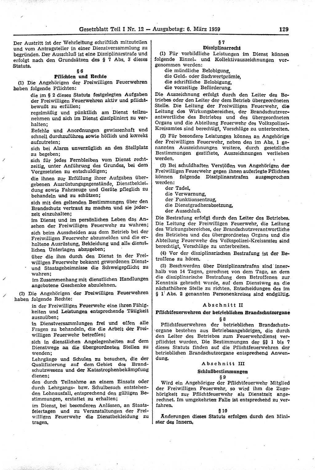 Gesetzblatt (GBl.) der Deutschen Demokratischen Republik (DDR) Teil Ⅰ 1959, Seite 129 (GBl. DDR Ⅰ 1959, S. 129)