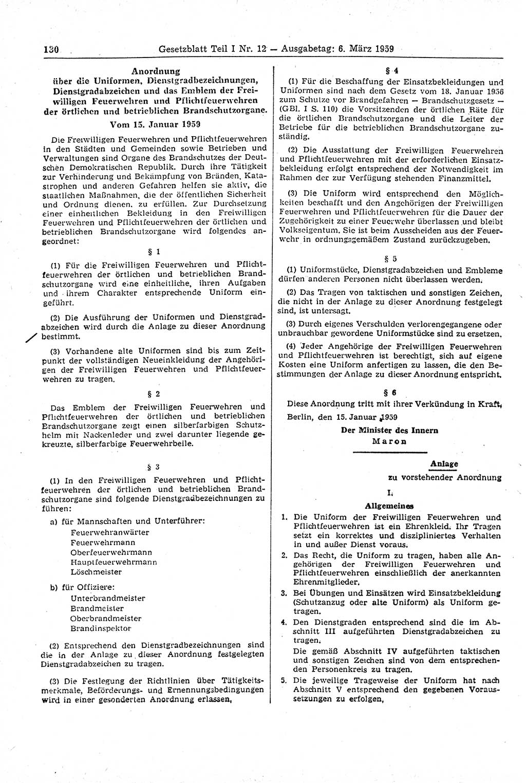 Gesetzblatt (GBl.) der Deutschen Demokratischen Republik (DDR) Teil Ⅰ 1959, Seite 130 (GBl. DDR Ⅰ 1959, S. 130)