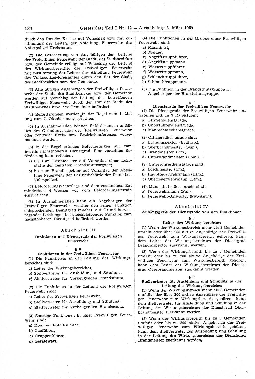Gesetzblatt (GBl.) der Deutschen Demokratischen Republik (DDR) Teil Ⅰ 1959, Seite 134 (GBl. DDR Ⅰ 1959, S. 134)
