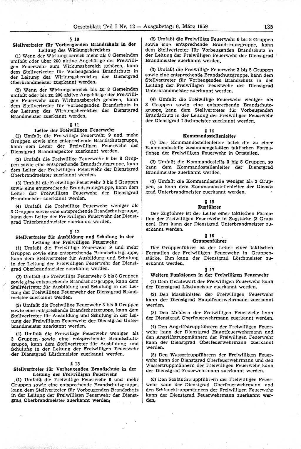 Gesetzblatt (GBl.) der Deutschen Demokratischen Republik (DDR) Teil Ⅰ 1959, Seite 135 (GBl. DDR Ⅰ 1959, S. 135)