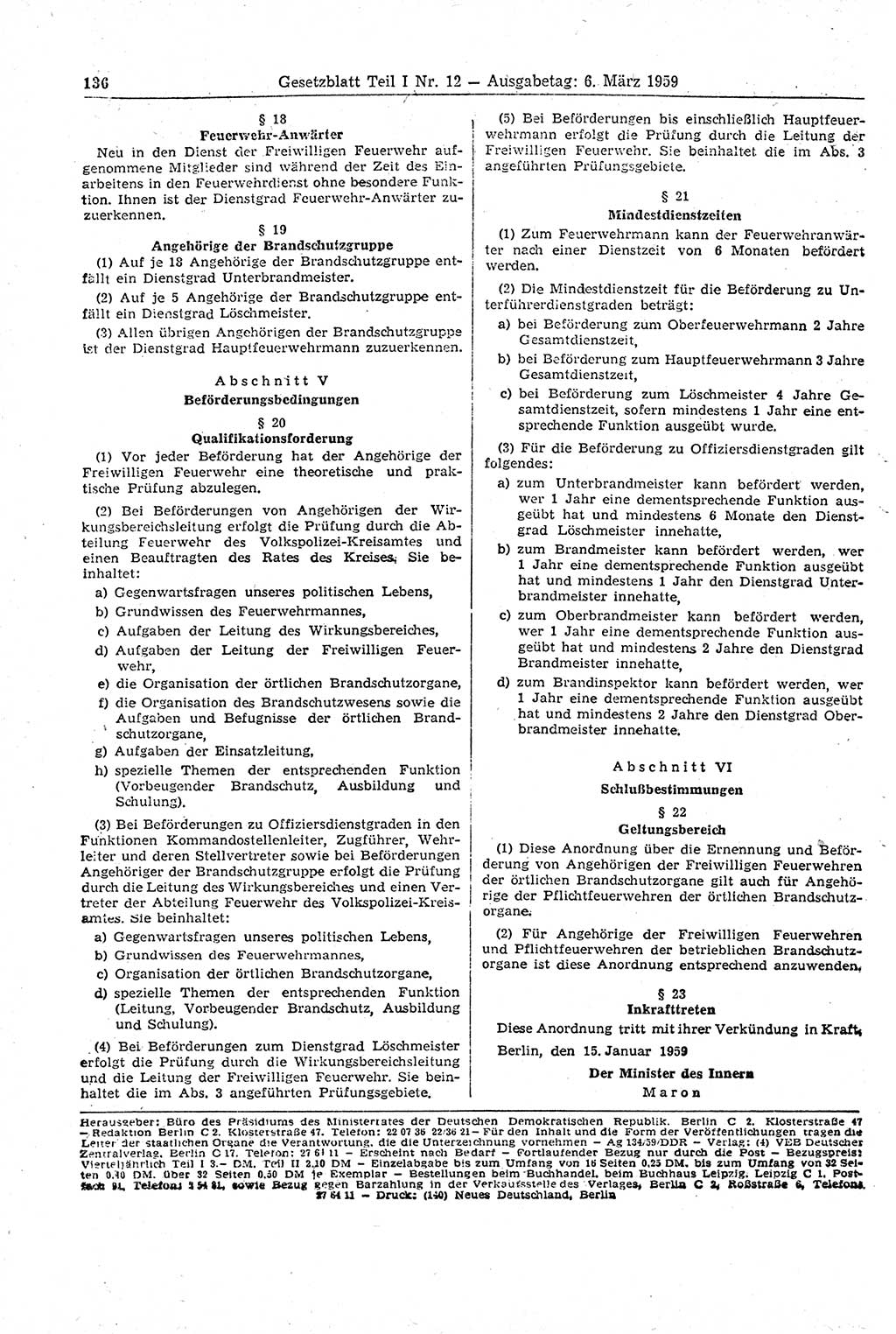 Gesetzblatt (GBl.) der Deutschen Demokratischen Republik (DDR) Teil Ⅰ 1959, Seite 136 (GBl. DDR Ⅰ 1959, S. 136)