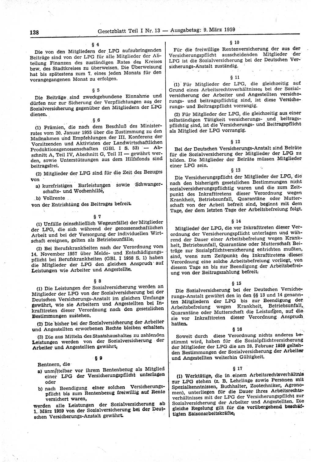 Gesetzblatt (GBl.) der Deutschen Demokratischen Republik (DDR) Teil Ⅰ 1959, Seite 138 (GBl. DDR Ⅰ 1959, S. 138)