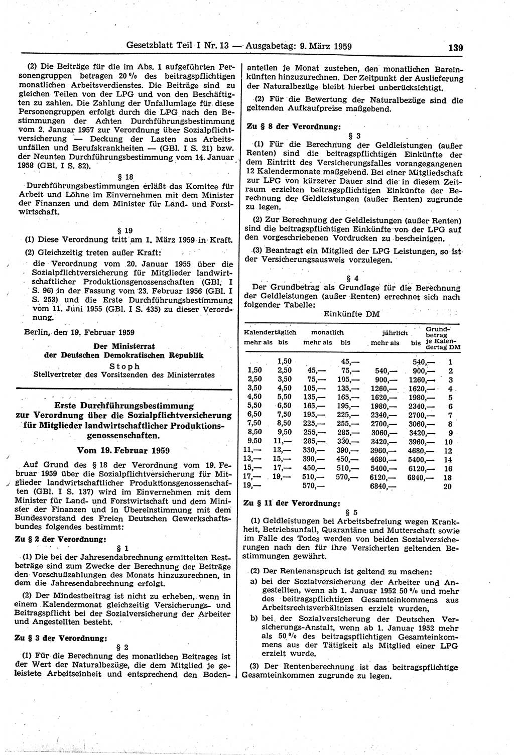 Gesetzblatt (GBl.) der Deutschen Demokratischen Republik (DDR) Teil Ⅰ 1959, Seite 139 (GBl. DDR Ⅰ 1959, S. 139)