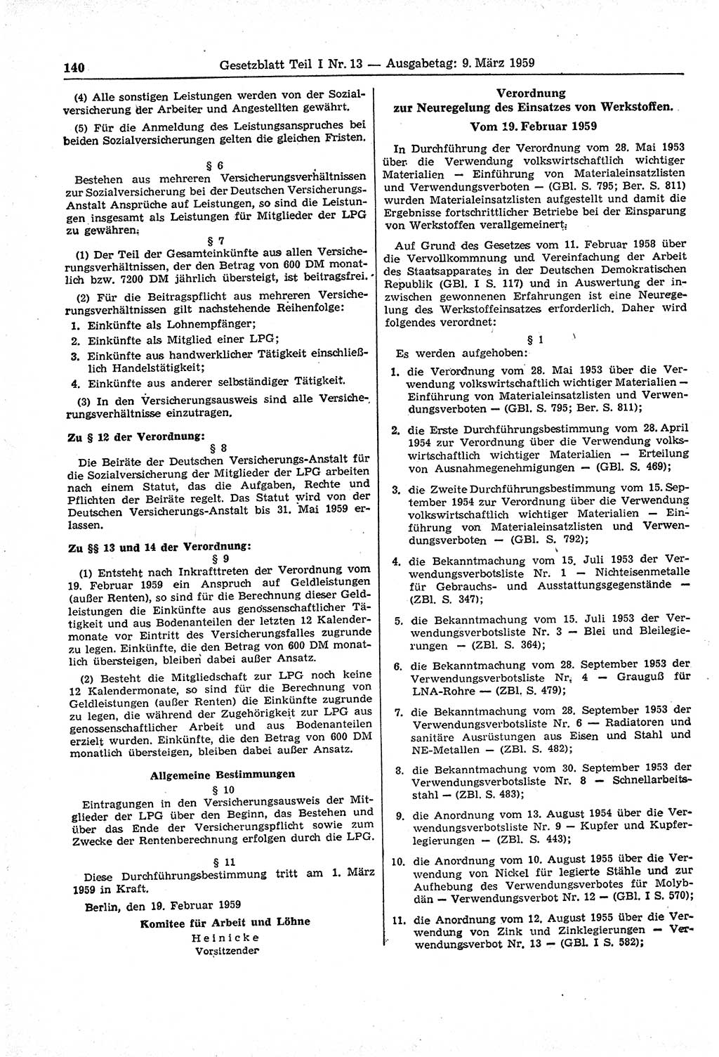 Gesetzblatt (GBl.) der Deutschen Demokratischen Republik (DDR) Teil Ⅰ 1959, Seite 140 (GBl. DDR Ⅰ 1959, S. 140)