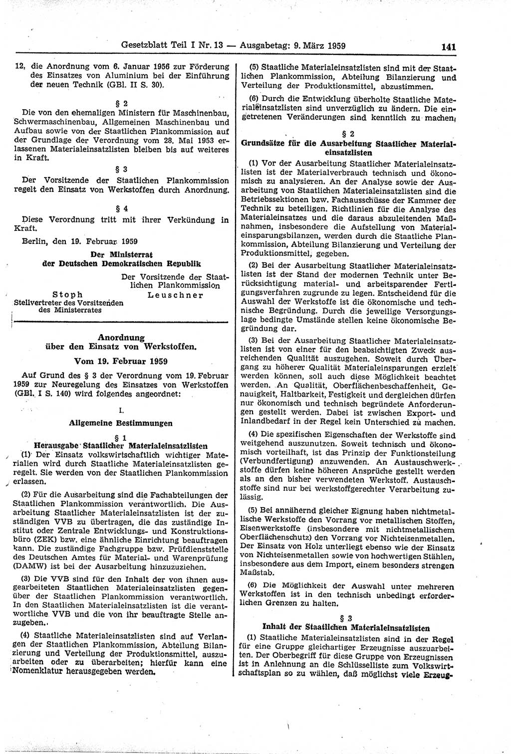 Gesetzblatt (GBl.) der Deutschen Demokratischen Republik (DDR) Teil Ⅰ 1959, Seite 141 (GBl. DDR Ⅰ 1959, S. 141)