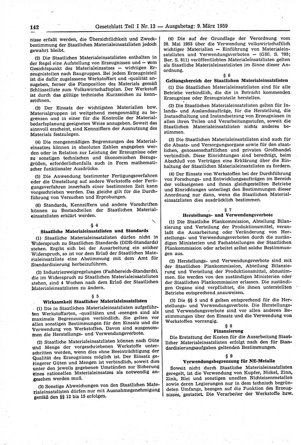 Gesetzblatt (GBl.) der Deutschen Demokratischen Republik (DDR) Teil Ⅰ 1959, Seite 142 (GBl. DDR Ⅰ 1959, S. 142)