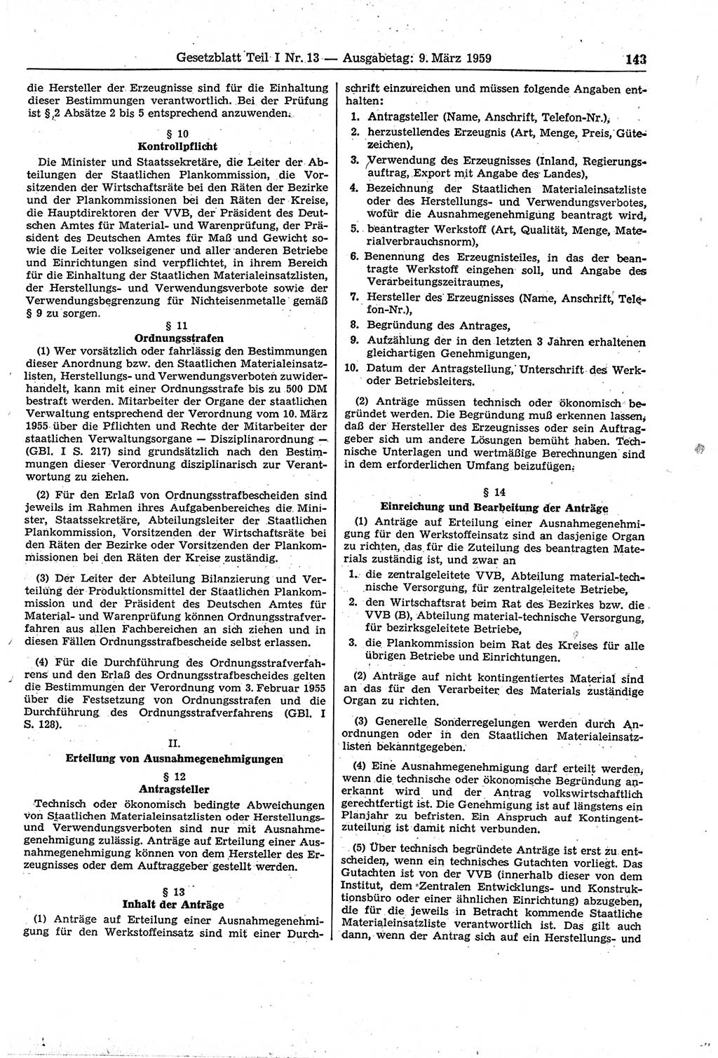 Gesetzblatt (GBl.) der Deutschen Demokratischen Republik (DDR) Teil Ⅰ 1959, Seite 143 (GBl. DDR Ⅰ 1959, S. 143)