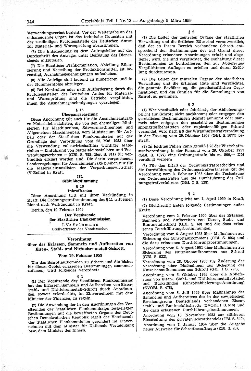 Gesetzblatt (GBl.) der Deutschen Demokratischen Republik (DDR) Teil Ⅰ 1959, Seite 144 (GBl. DDR Ⅰ 1959, S. 144)
