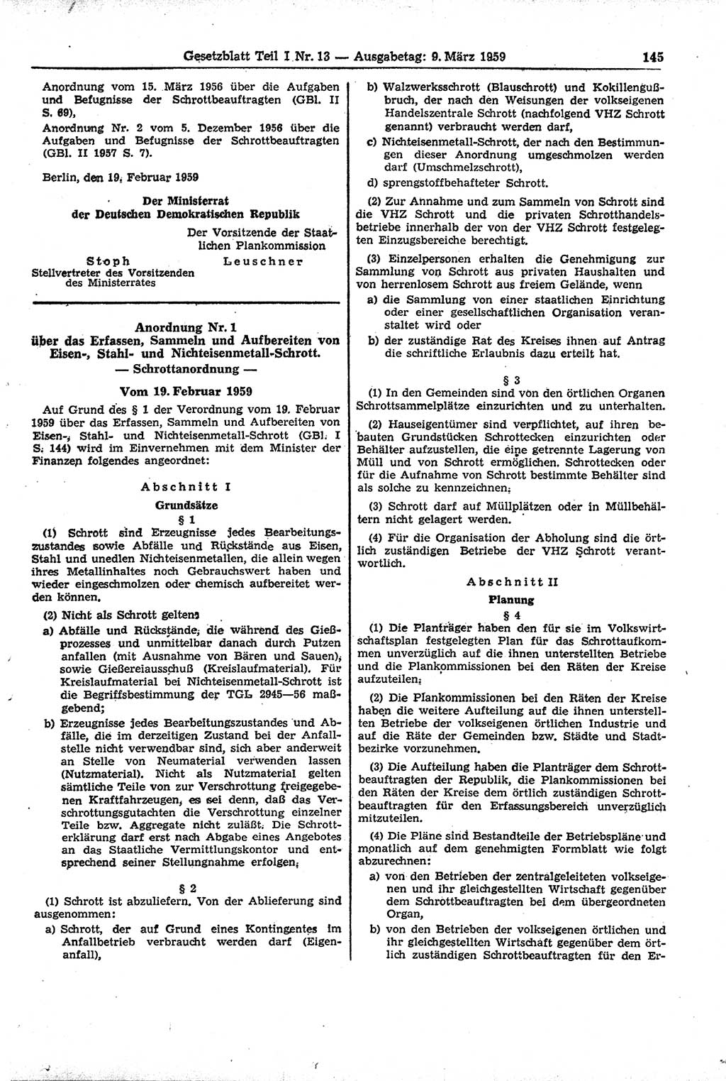 Gesetzblatt (GBl.) der Deutschen Demokratischen Republik (DDR) Teil Ⅰ 1959, Seite 145 (GBl. DDR Ⅰ 1959, S. 145)