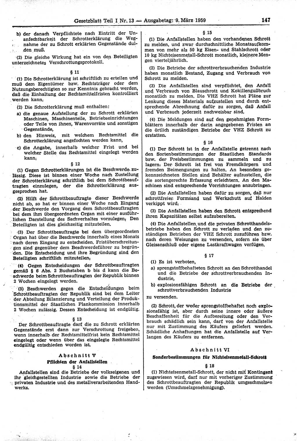 Gesetzblatt (GBl.) der Deutschen Demokratischen Republik (DDR) Teil Ⅰ 1959, Seite 147 (GBl. DDR Ⅰ 1959, S. 147)