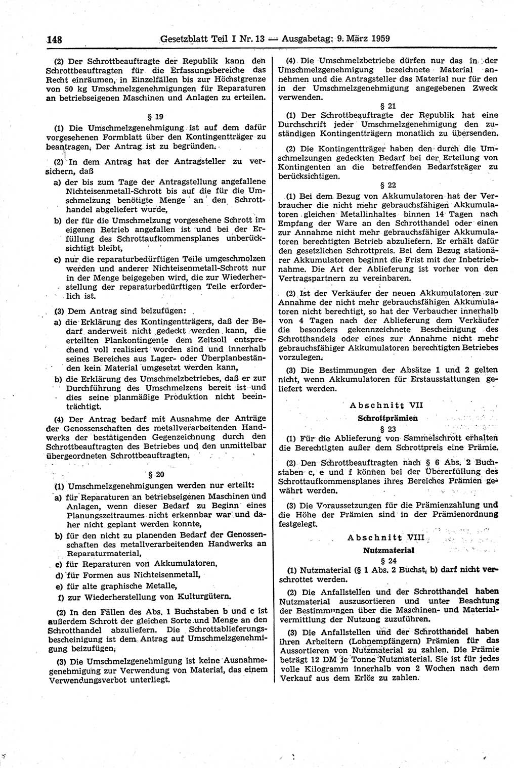 Gesetzblatt (GBl.) der Deutschen Demokratischen Republik (DDR) Teil Ⅰ 1959, Seite 148 (GBl. DDR Ⅰ 1959, S. 148)