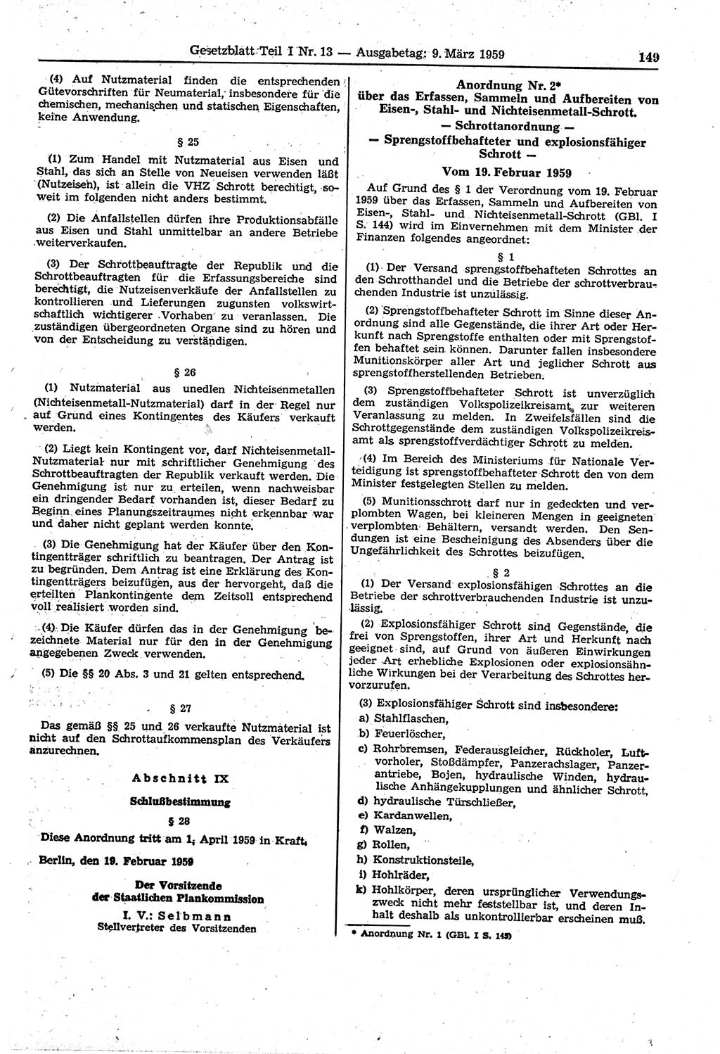 Gesetzblatt (GBl.) der Deutschen Demokratischen Republik (DDR) Teil Ⅰ 1959, Seite 149 (GBl. DDR Ⅰ 1959, S. 149)